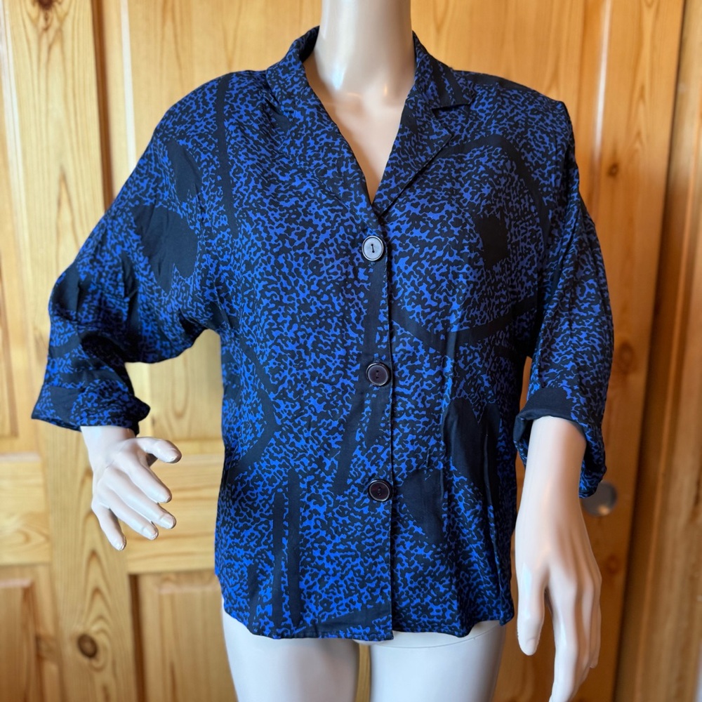 Vintage 80s Ace & Co Top Blouse Size M Blue Black Abstract Avant Garde